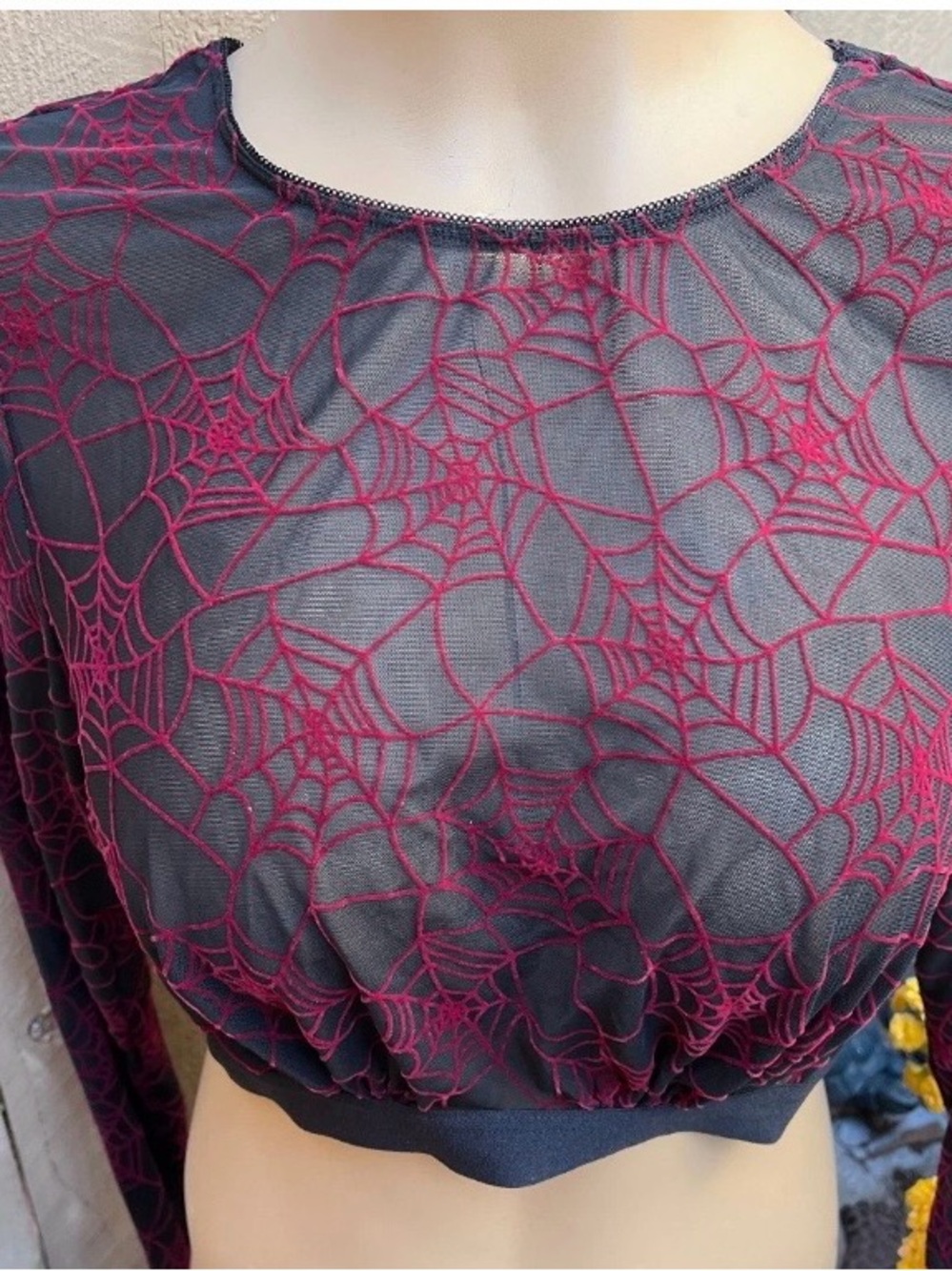 Sheer Black long sleeve with Burgundy Spiderweb Mesh Under-It-All Crop